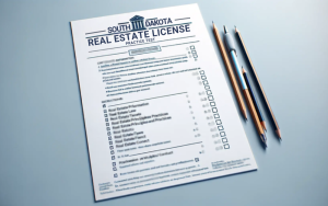 Pencils and pen next to a sheet of paper showing a practice test of the South Dakota real estate license examination.